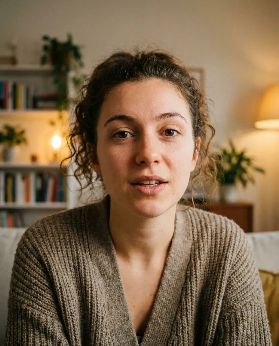 Vertical single speaker addressing the camera directly in a soft-lit room, generated with Morphic