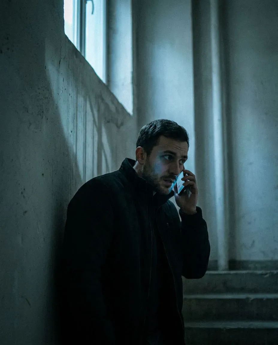 Vertical phone call with one person pressing a phone to their ear in a dim stairwell, generated with Morphic