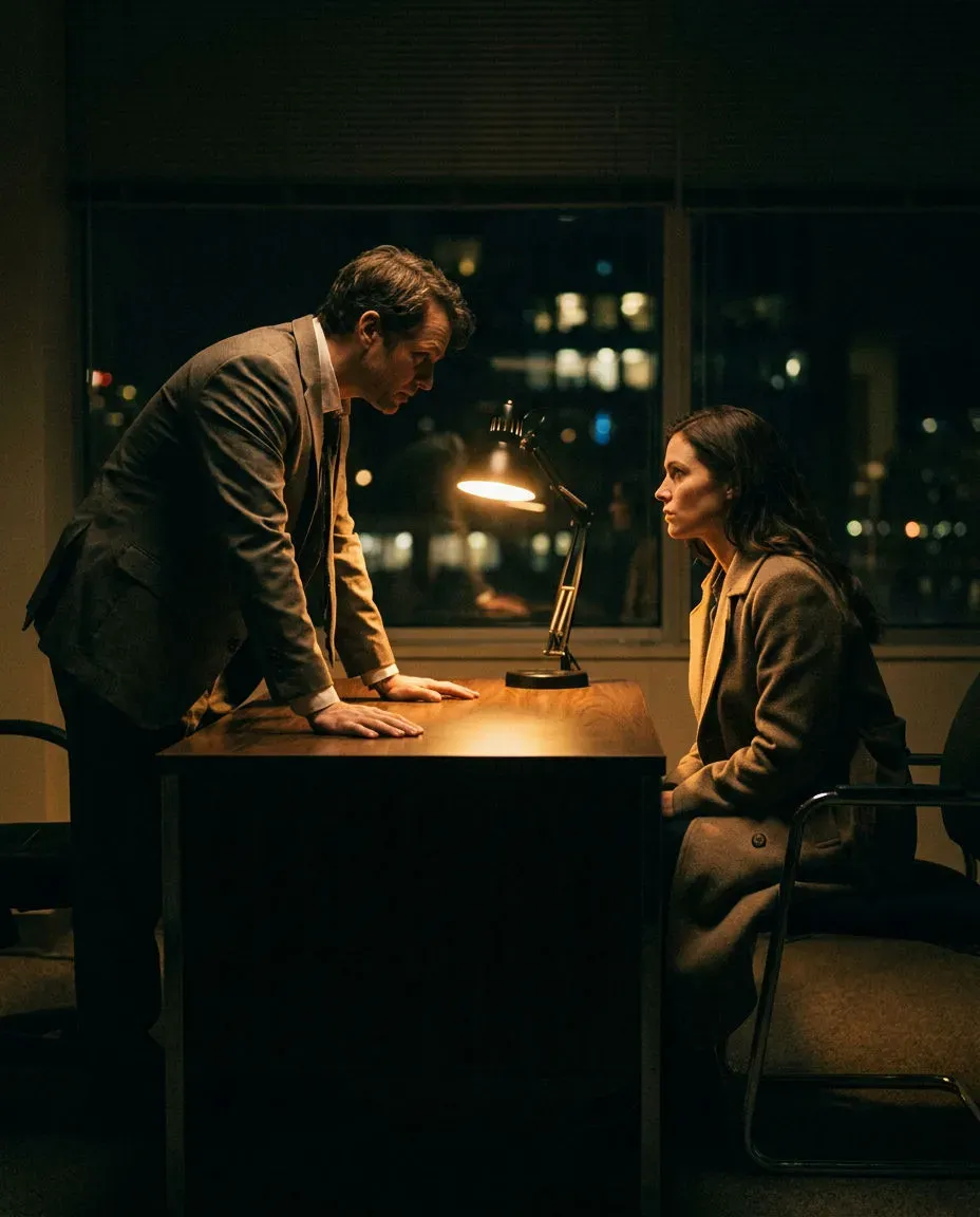 Vertical confrontation two-shot of two people facing each other across a desk in tense standoff, generated with Morphic
