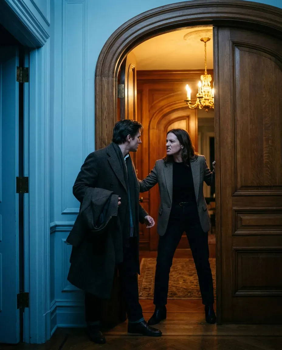 Vertical confrontation two-shot of a couple arguing in a doorway in a lavish home, generated with Morphic