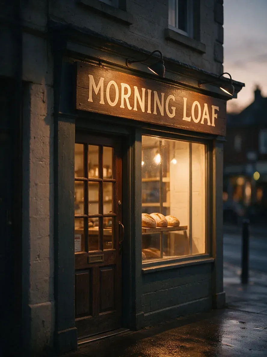 A hand-painted bakery sign reading MORNING LOAF above a shop door at dusk, rendered with the current Seedream model
