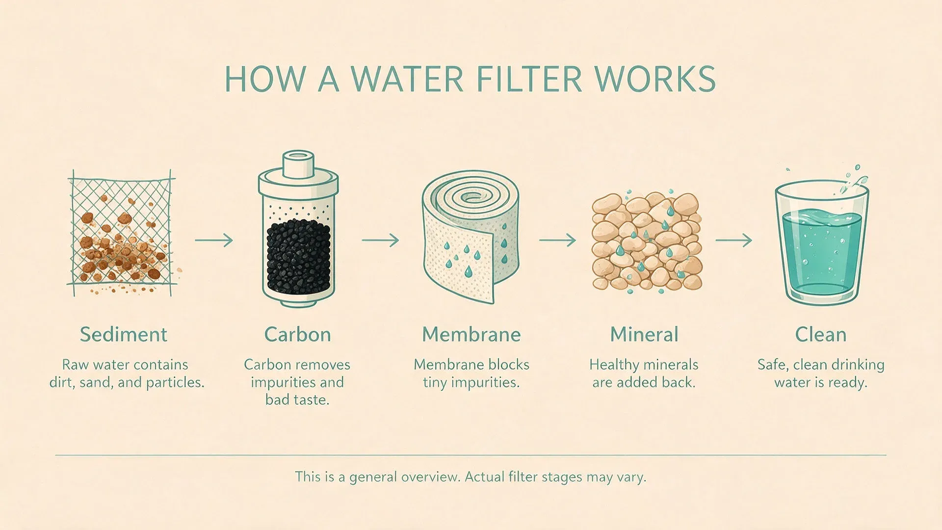 A flat-vector infographic titled HOW A WATER FILTER WORKS with five labelled stages, rendered with the current Seedream model