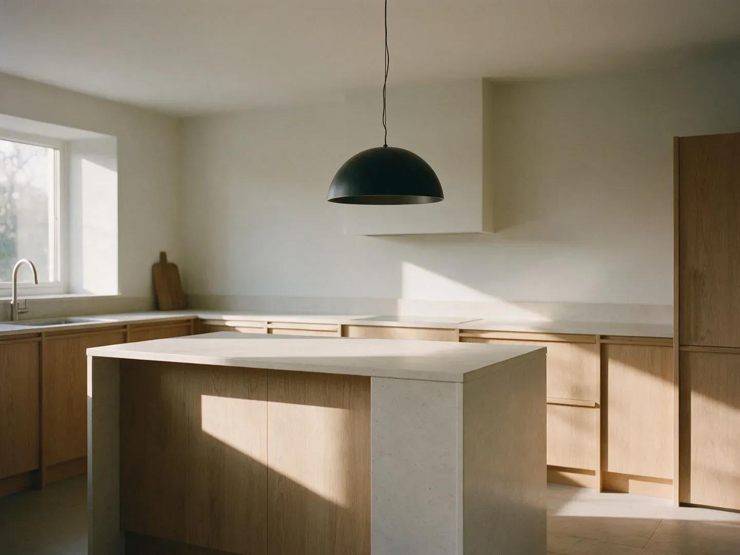 A modern kitchen interior with a single matte-black dome pendant over a pale stone island, rendered with the current Seedream model