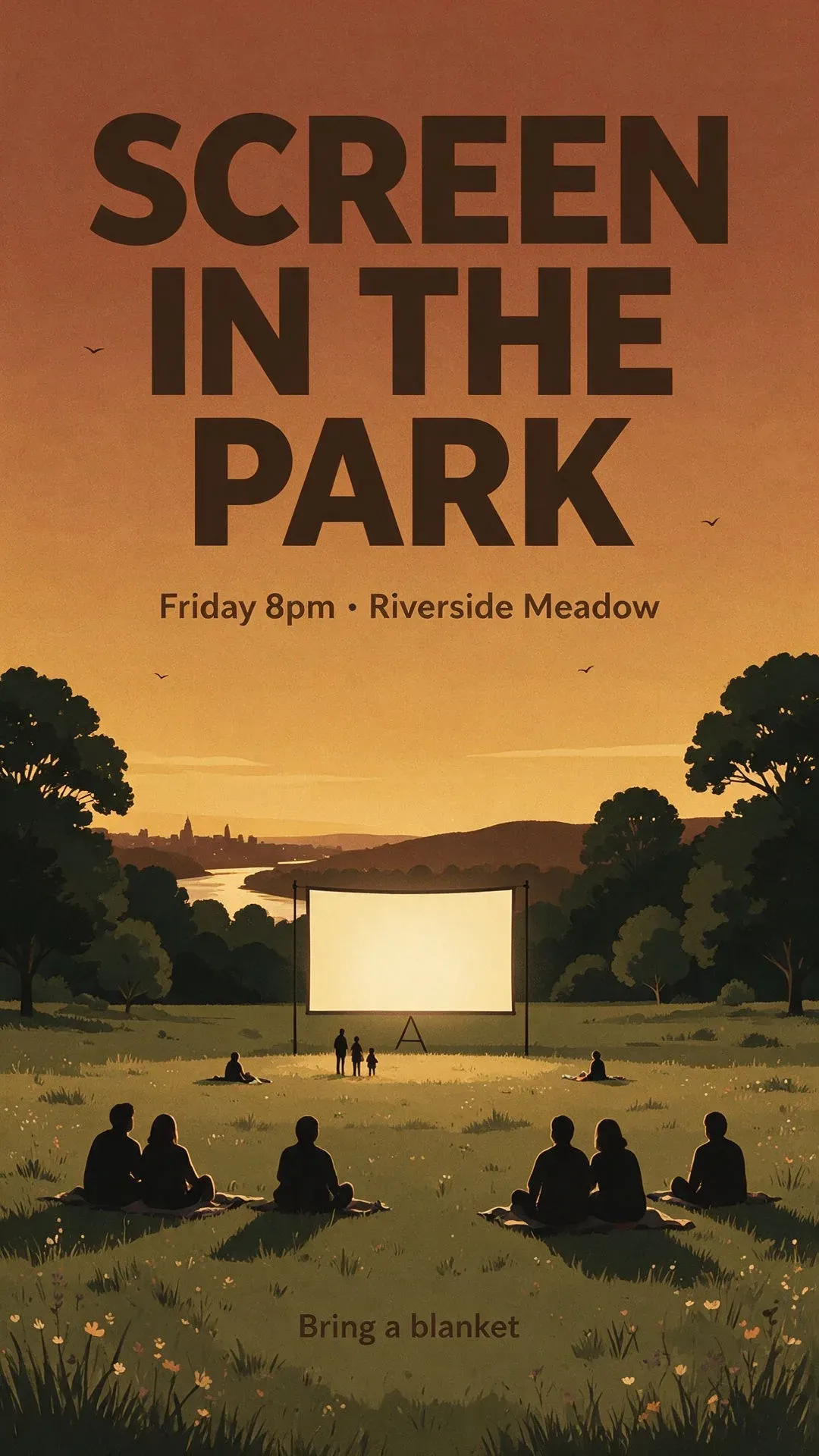 A tall event poster reading SCREEN IN THE PARK over a dusk meadow illustration, rendered with the current Seedream model