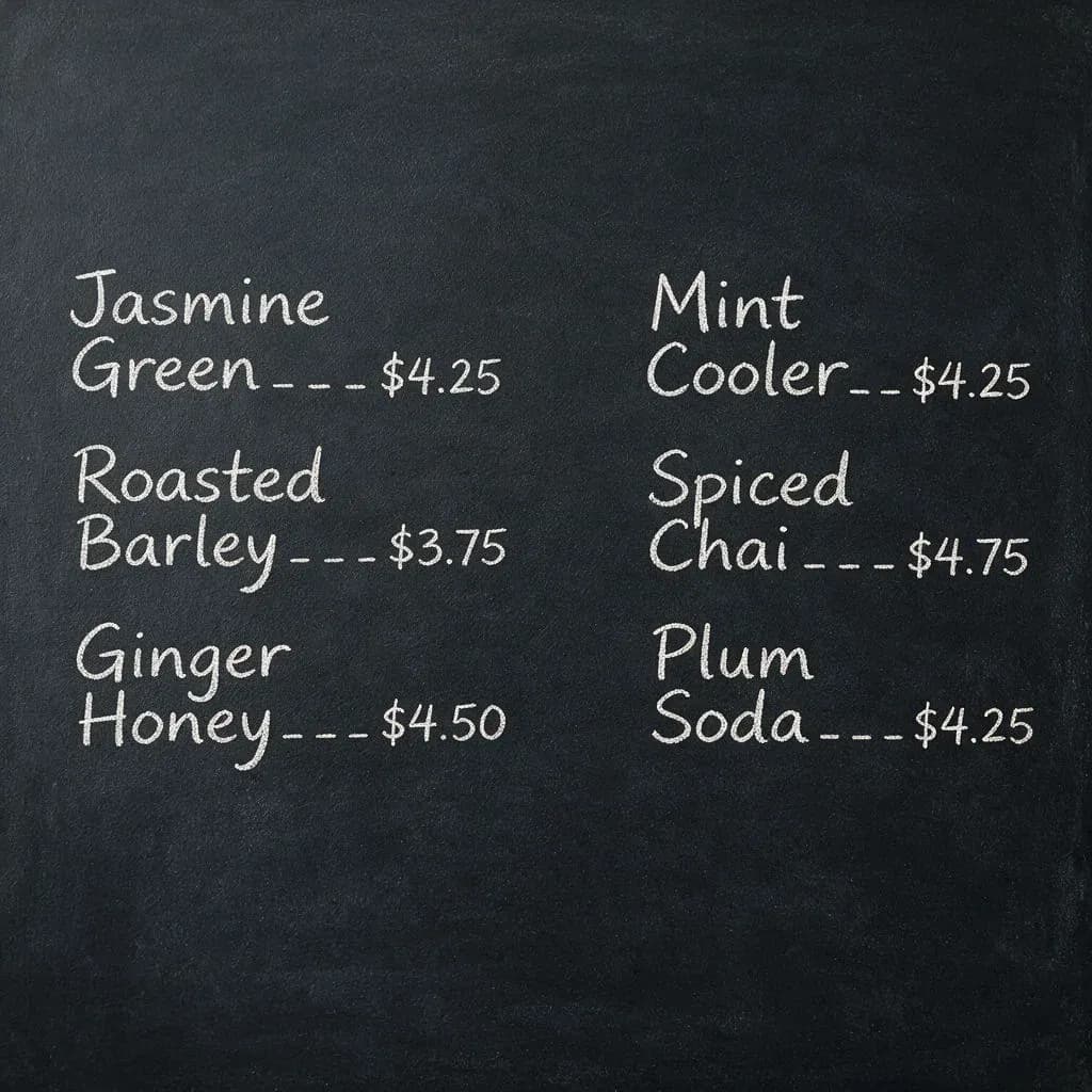 A square chalkboard tea-house menu with six items in tidy columns, rendered with the current Seedream model