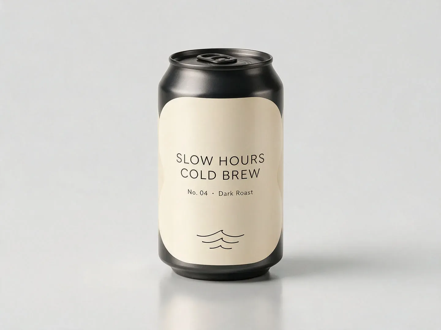 A studio product shot of a fictional cold-brew can labelled SLOW HOURS COLD BREW, rendered with the current Seedream model