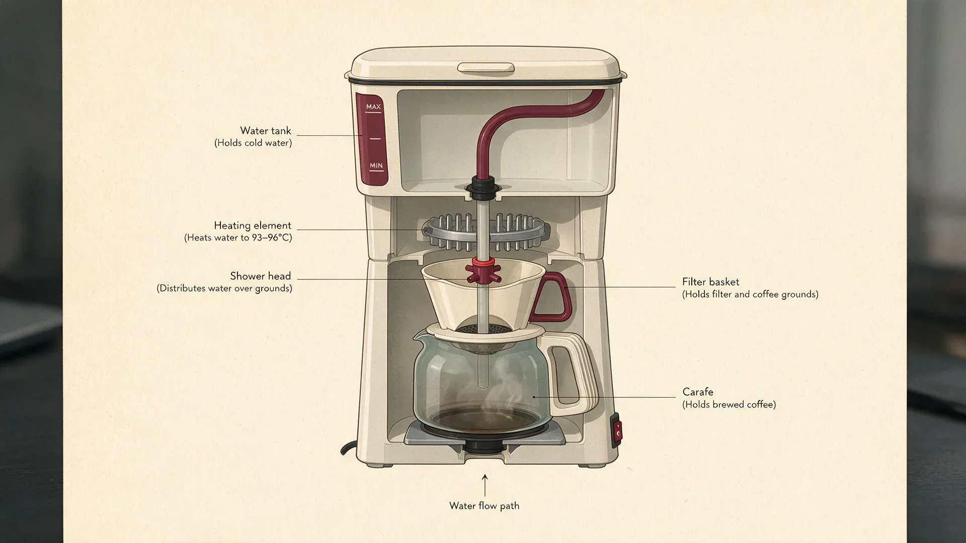 A labelled cutaway illustration of a drip coffee maker with five captioned parts, rendered with the current Seedream model