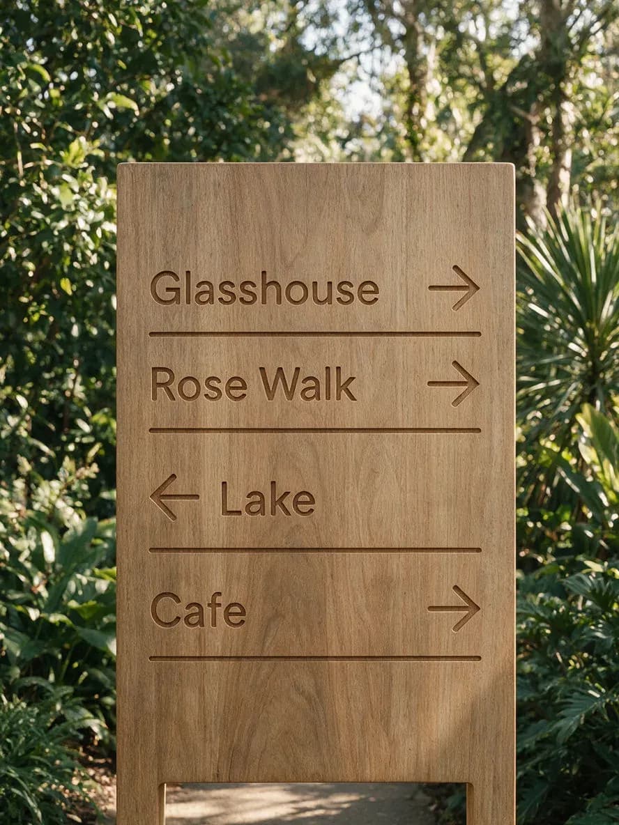A wooden botanical-garden wayfinding sign with four routed destinations and arrows, rendered with the current Seedream model