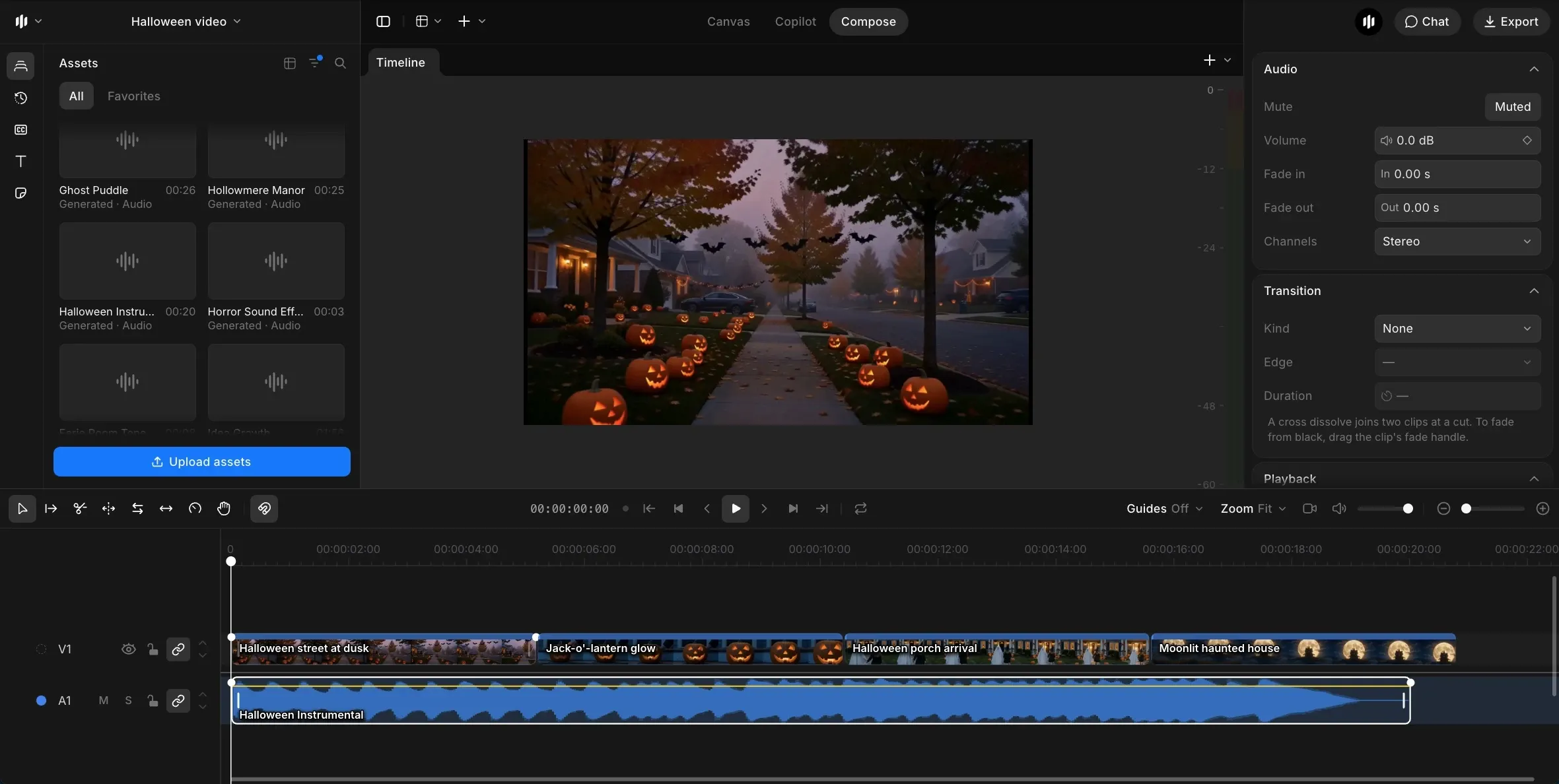 Morphic Compose timeline with the Halloween instrumental on the audio track under the four clips, and the audio settings panel open