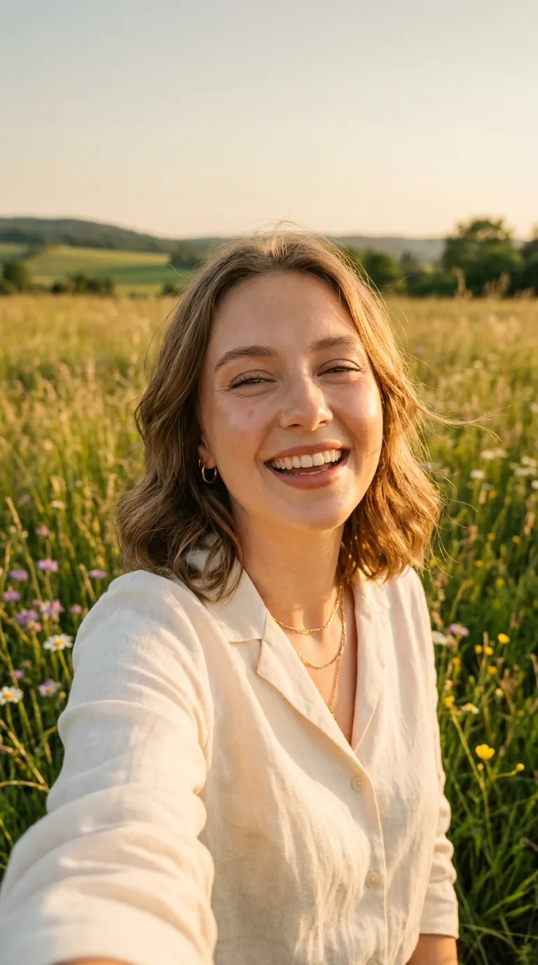 Smiling woman in a white linen shirt standing in a sunlit wildflower meadow