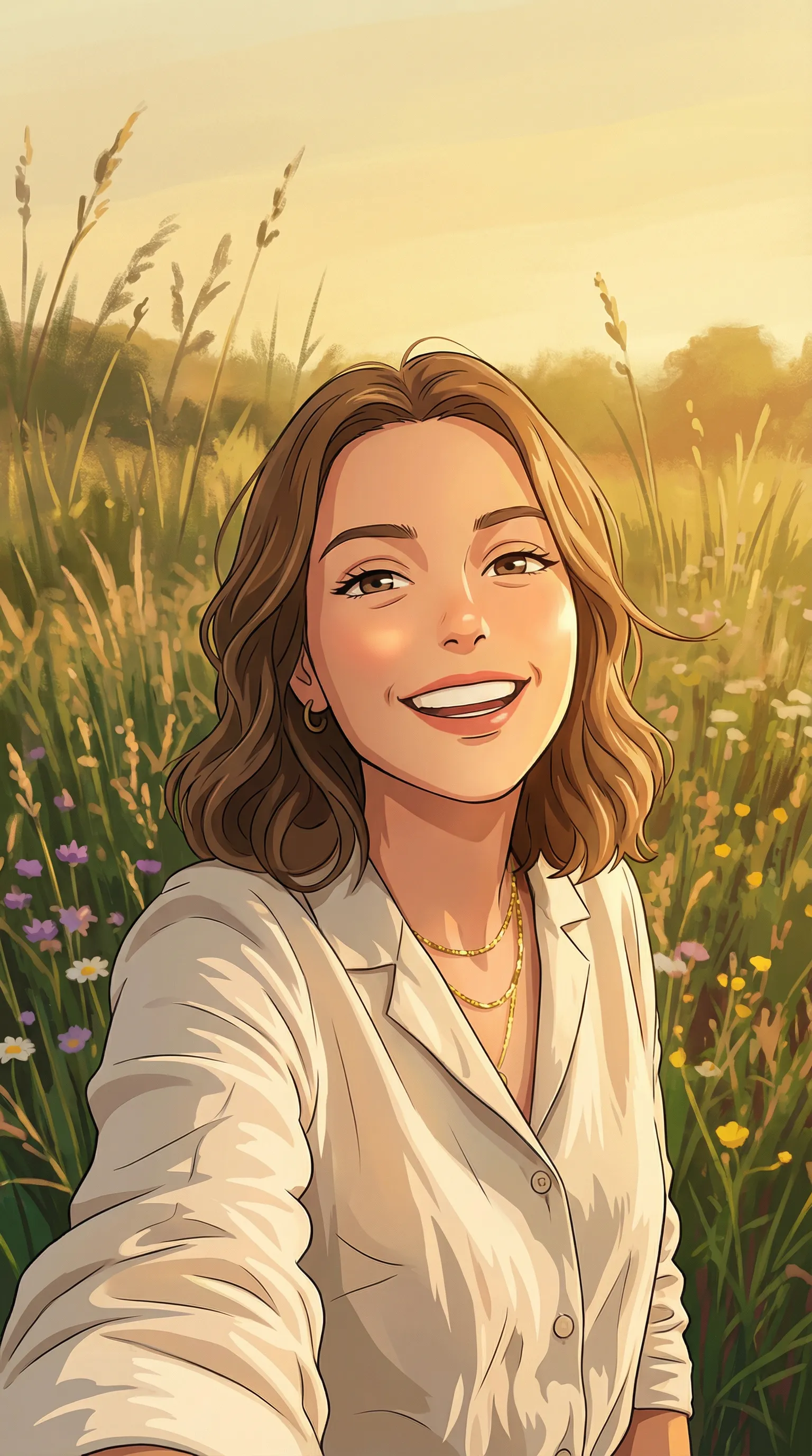 Same woman rendered in anime illustration style with warm tones, soft line work, and stylized meadow background