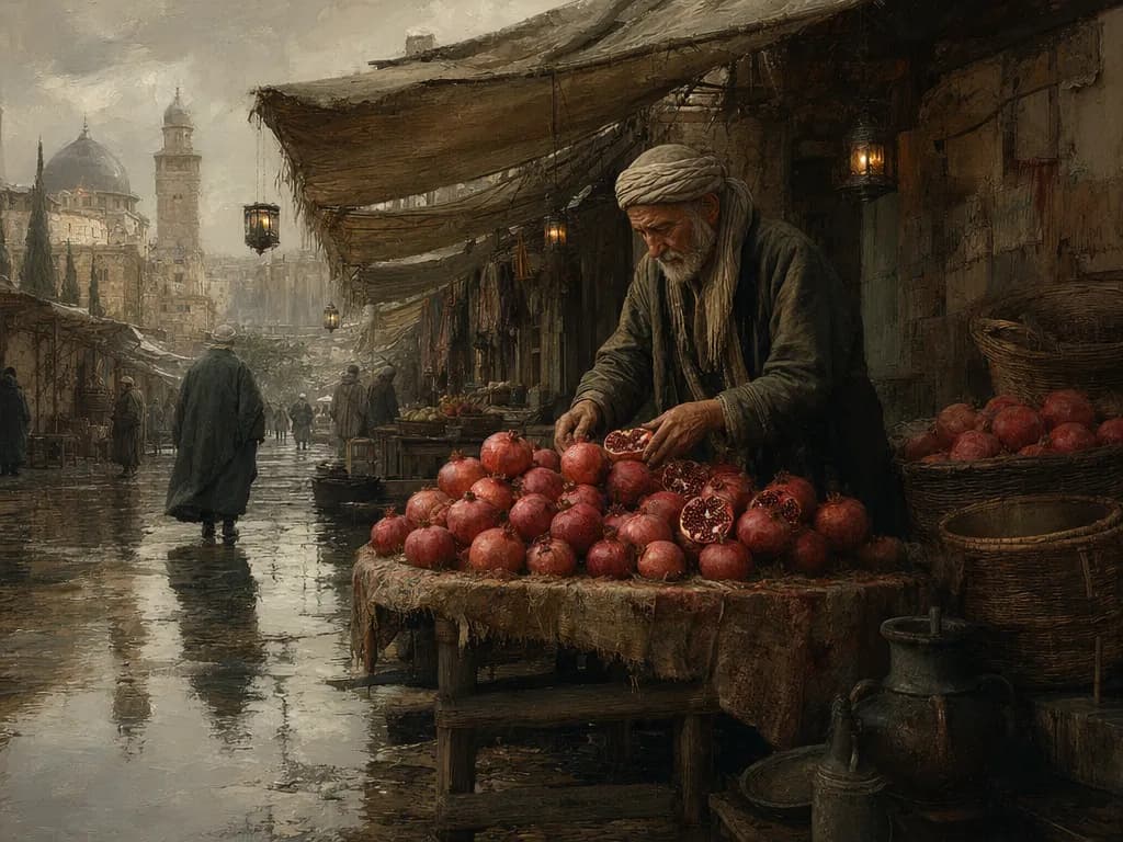Matte painting style wide shot of an elderly vendor arranging pomegranates at a market stall
