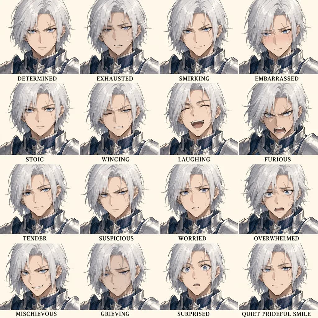 16-panel fantasy knight expression grid generated with ChatGPT Images 2.0