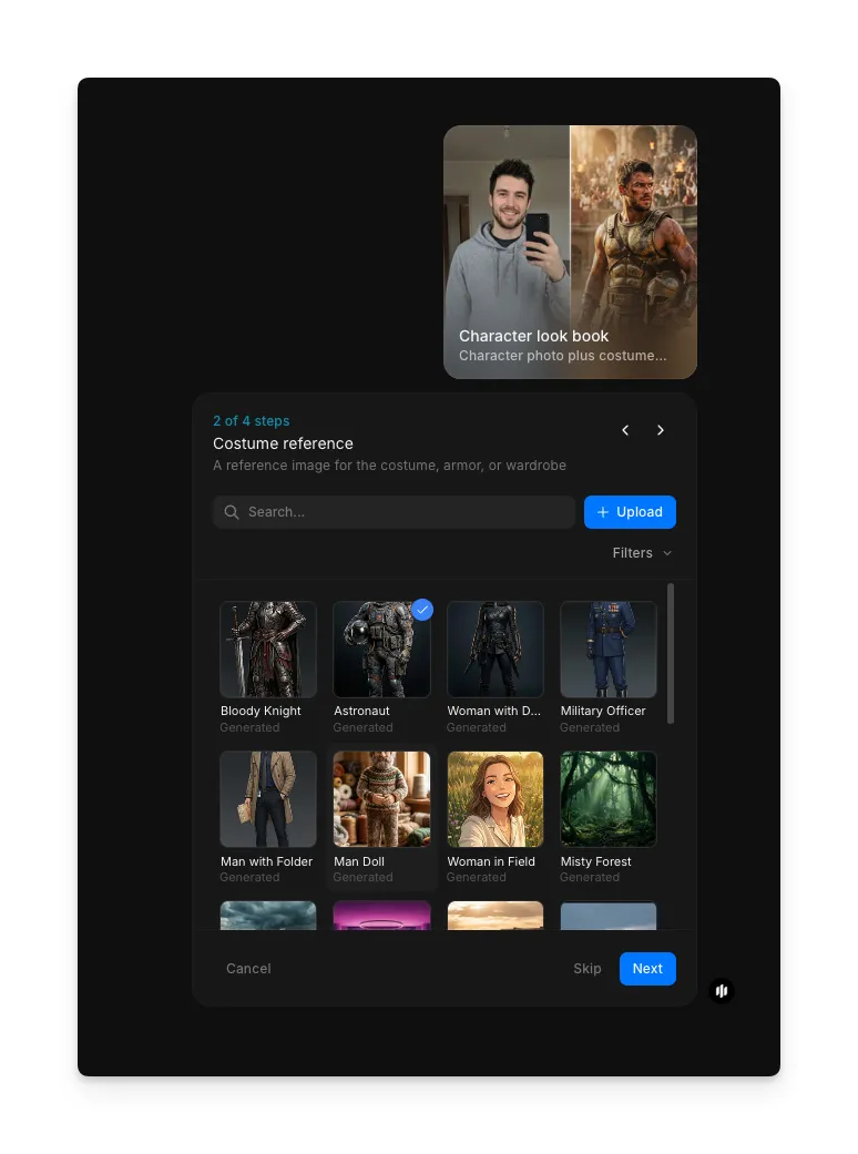Costume reference step showing a searchable gallery of costume and character reference images with an Upload button