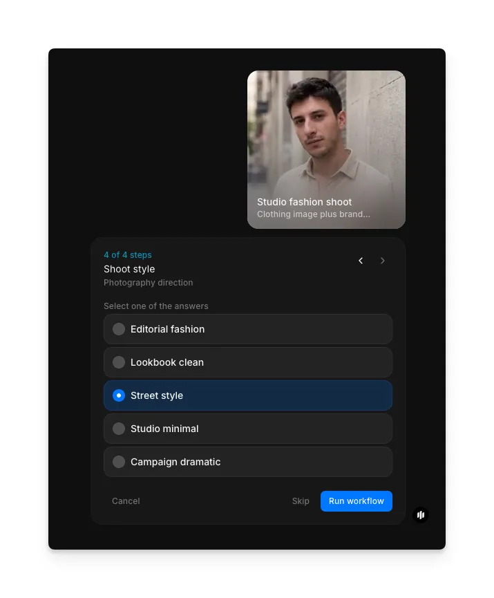 Shoot style selection showing radio buttons for Editorial fashion, Lookbook clean, Street style, Studio minimal, and Campaign dramatic with a Run workflow button