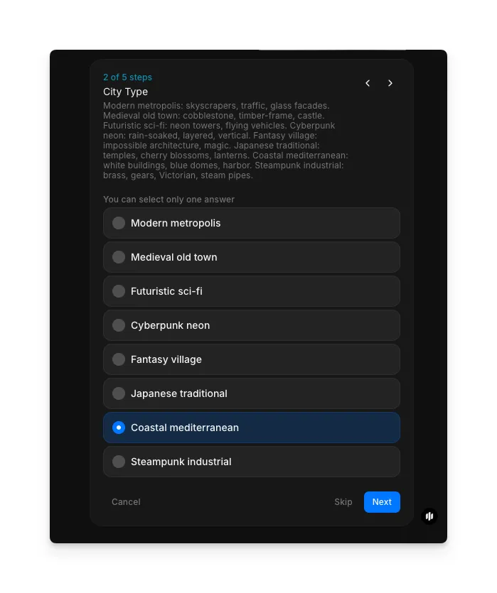 City Type selection showing radio buttons for Modern metropolis, Medieval old town, Futuristic sci-fi, Cyberpunk neon, Fantasy village, Japanese traditional, Coastal mediterranean, and Steampunk industrial