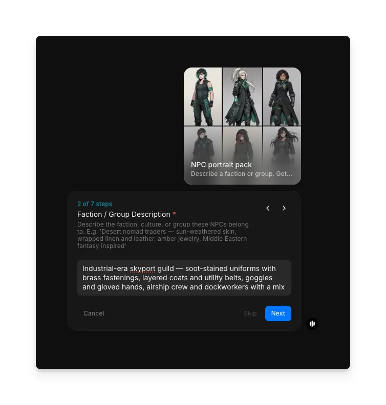 Faction / Group Description step showing a text area with a detailed faction description