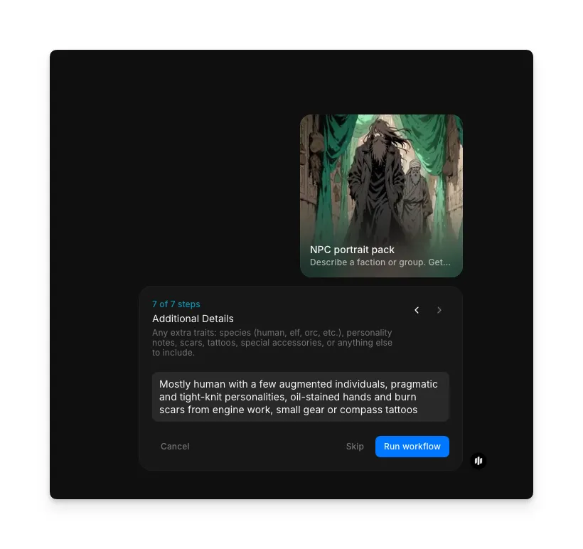 Additional Details step showing a text area for extra character notes with a Run workflow button