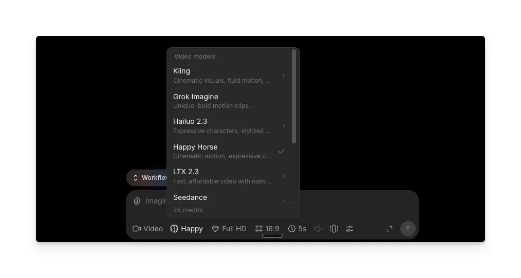 Morphic video model picker with Happy Horse selected from a list that includes Kling, Grok Imagine, Hailuo 2.3, LTX 2.3, and Seedance
