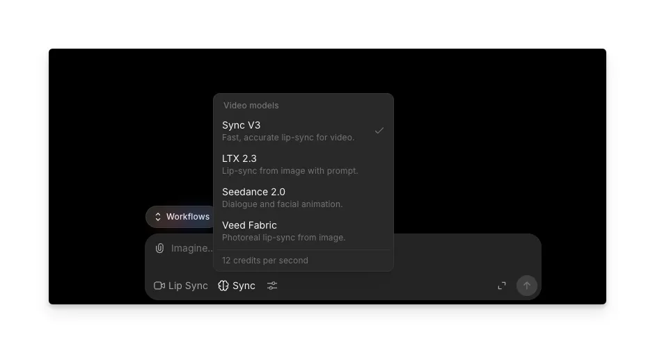 Morphic Video models picker showing Sync V3, LTX 2.3, Seedance 2.0, and Veed Fabric with Sync V3 selected