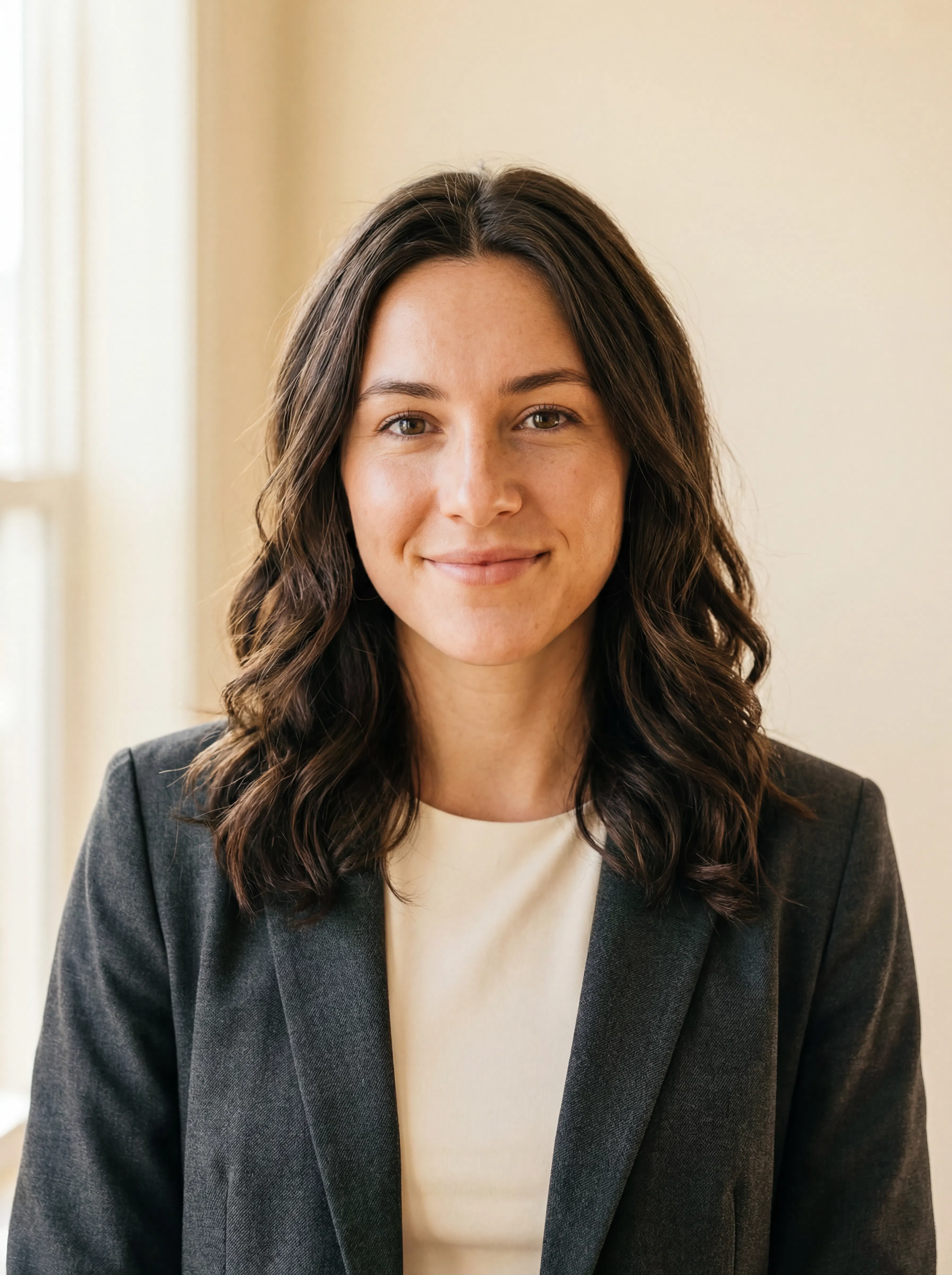 Same woman in a professional headshot wearing a dark blazer with soft studio lighting and a neutral beige background