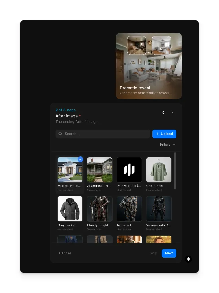 After image step showing a searchable gallery and Upload button for the transformed result image