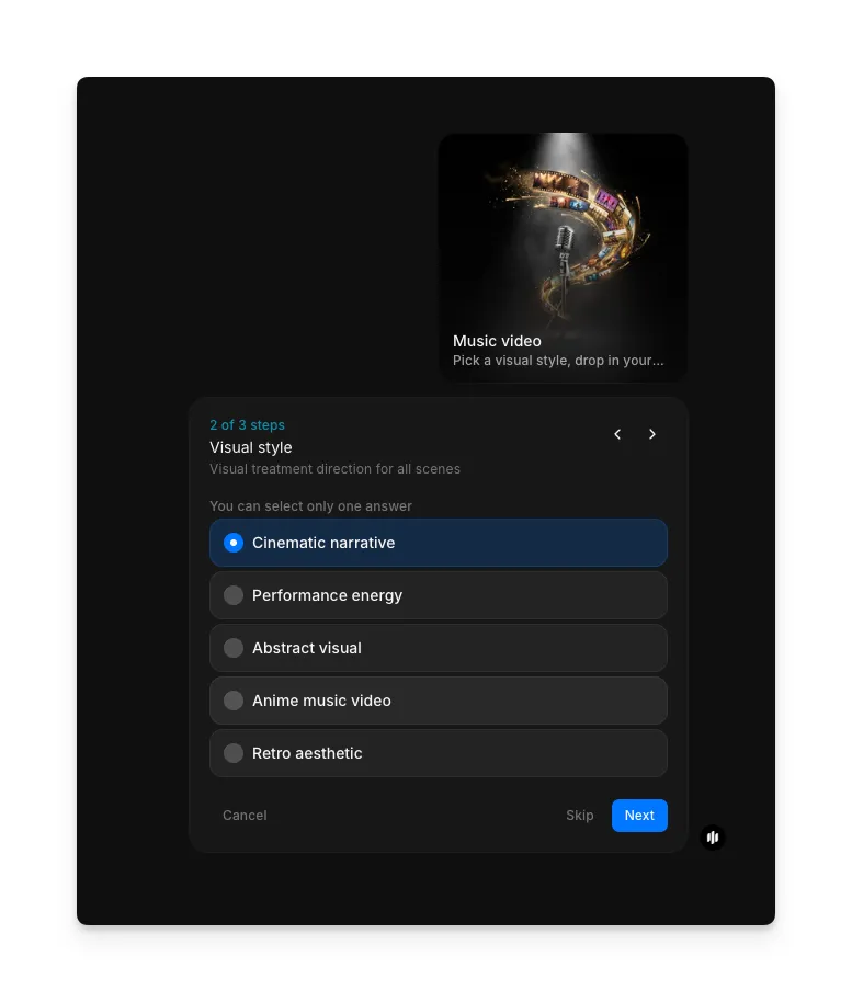 Visual style selection showing radio buttons for Cinematic narrative, Performance energy, Abstract visual, Anime music video, and Retro aesthetic