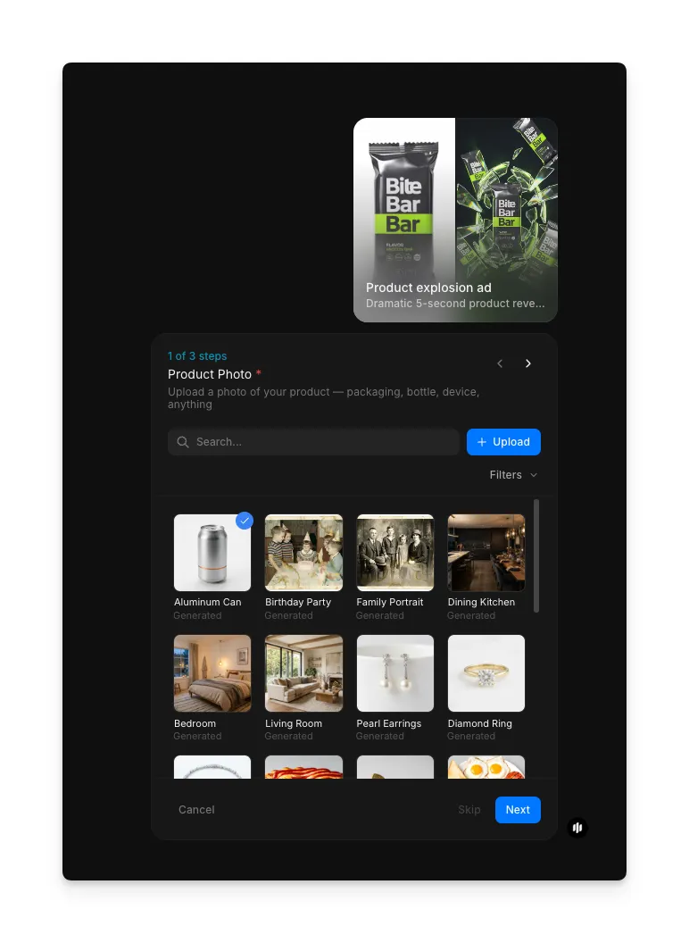 Product explosion ad workflow step 1 showing the Product Photo field with a searchable gallery and an Upload button
