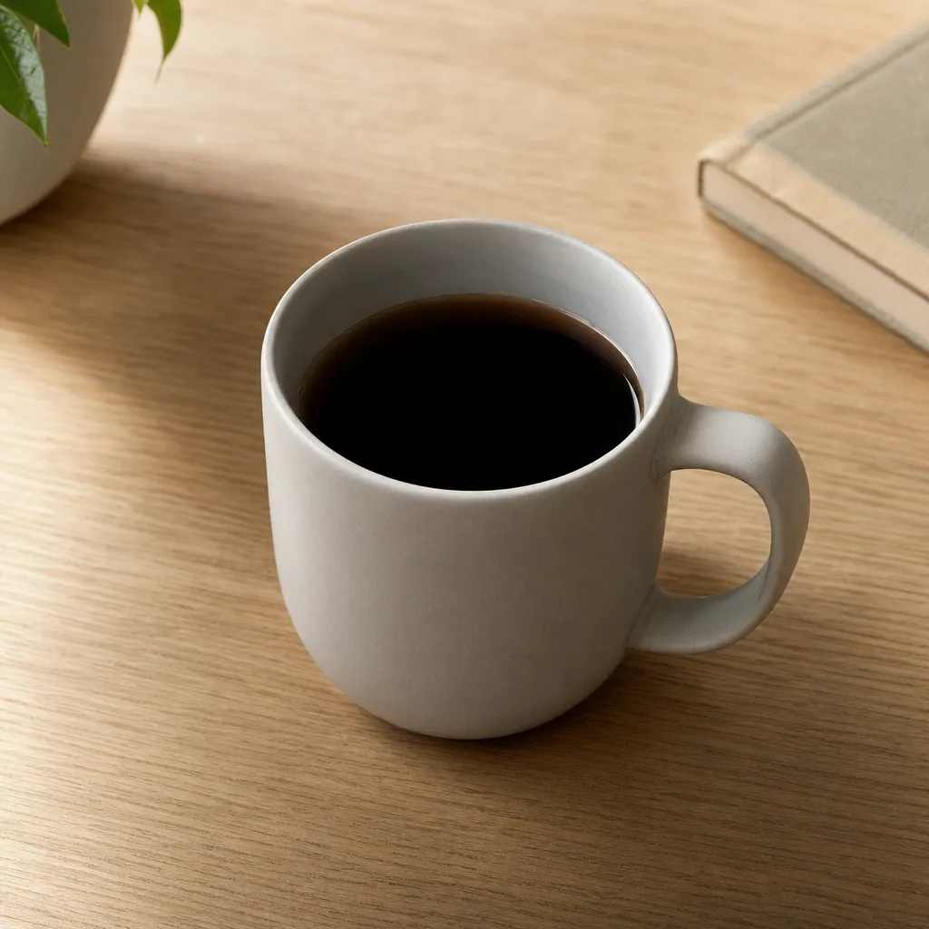 ChatGPT Images 2.0 e-commerce product photography output: matte ceramic coffee mug on an oak desk with soft morning light
