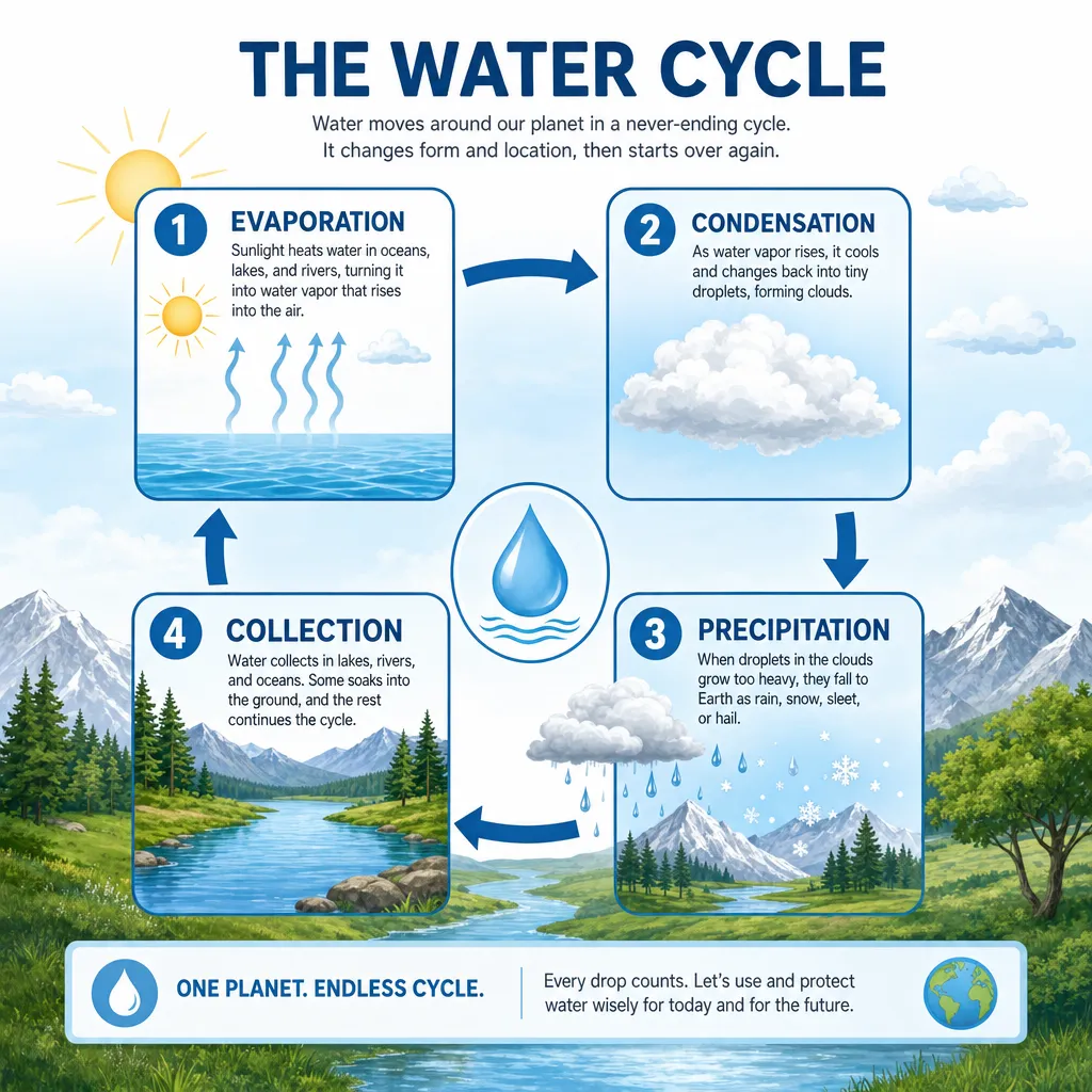 ChatGPT Images 2.0 infographic output: water cycle diagram with four labeled stages and editorial-style icons