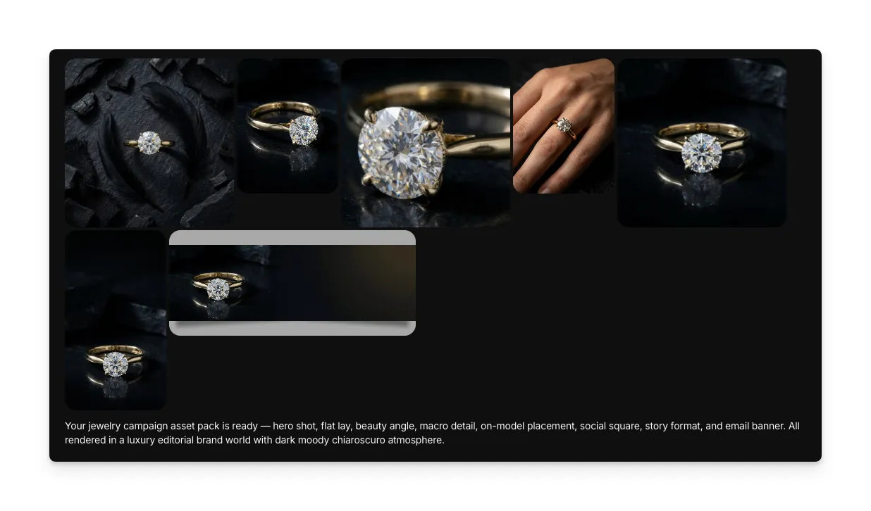 Generated jewelry campaign asset pack showing a ring in multiple compositions: hero shot, flat lay, beauty angle, macro detail, on-model placement, social square, story format, and email banner