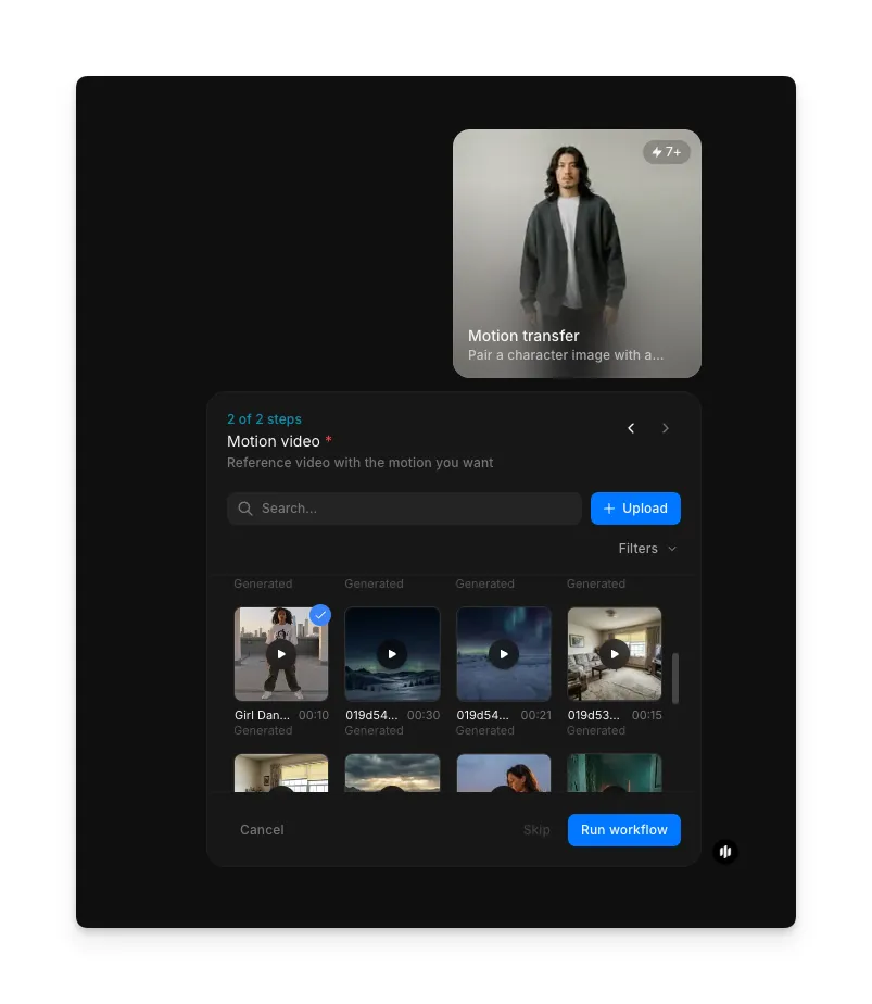 Motion video step showing a searchable gallery of video clips with Upload and Run workflow buttons