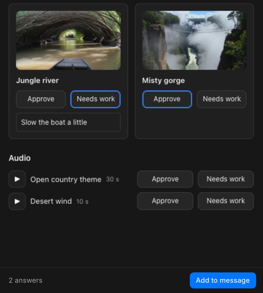 An approval page with one shot approved, one marked needs work with a note, and the bar reading 2 answers