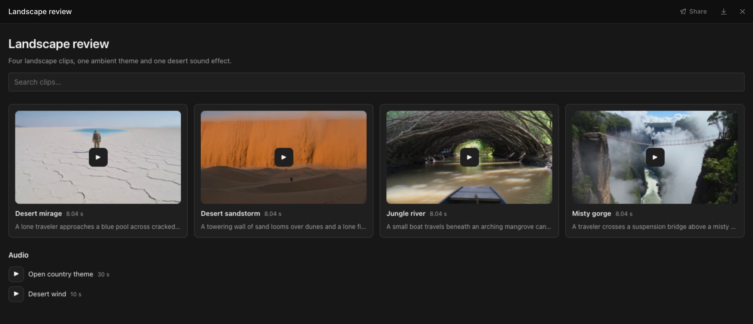 A review sheet open in full screen, with Share and download at the top