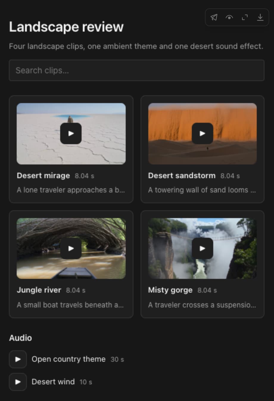 A review sheet with a search box, clip cards and audio rows