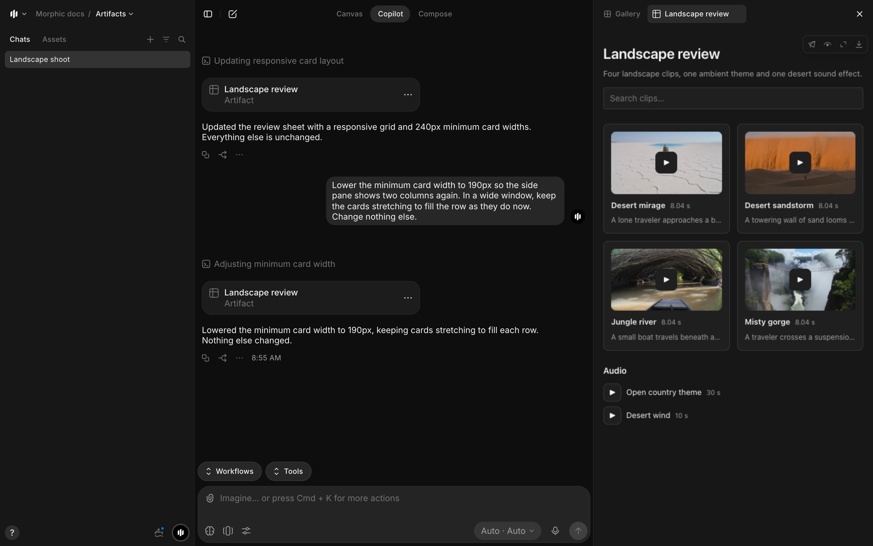 A Copilot chat with an artifact card, and the review sheet it opens in the side pane