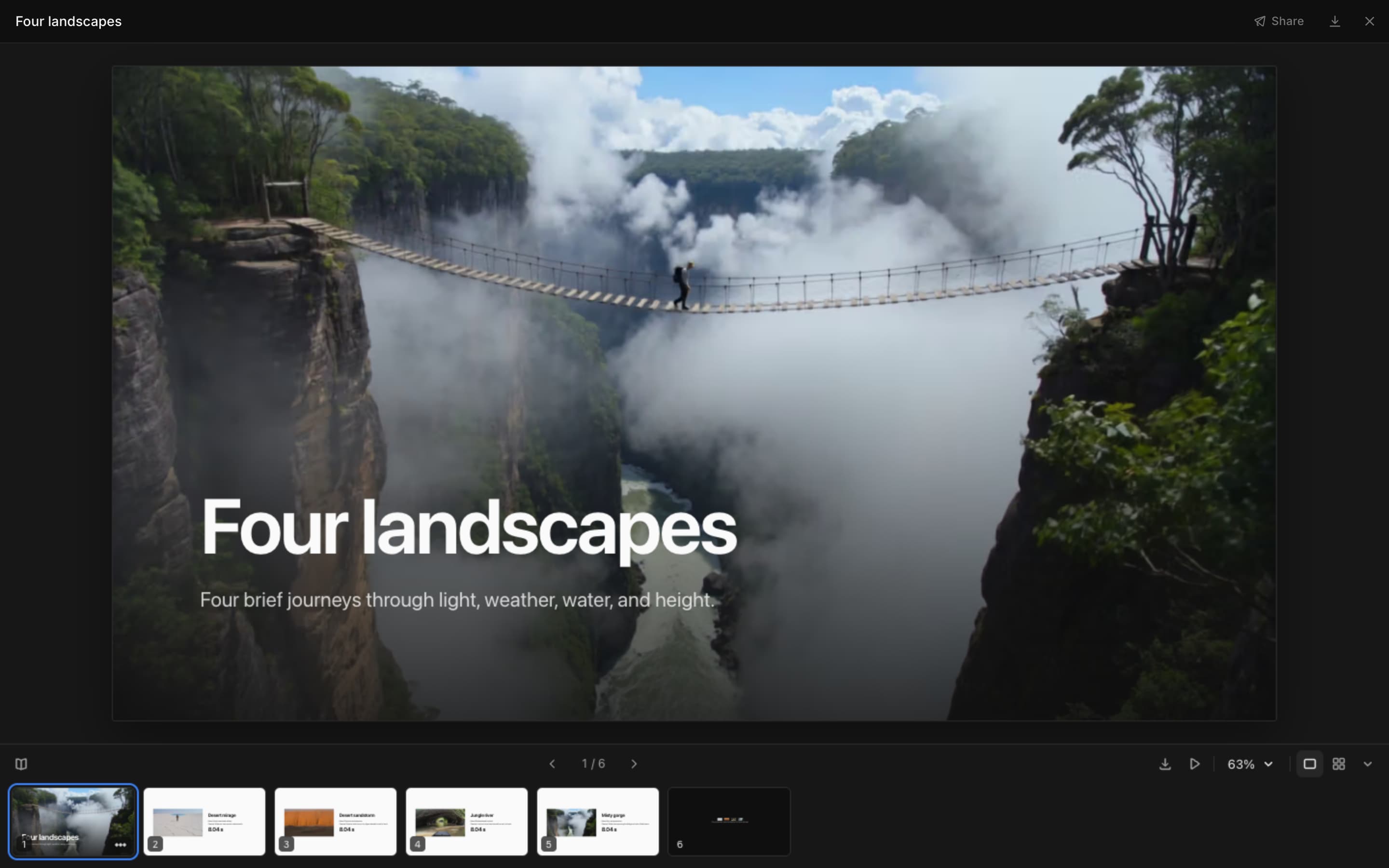 A slide deck in full screen, with the control bar and the strip of slides