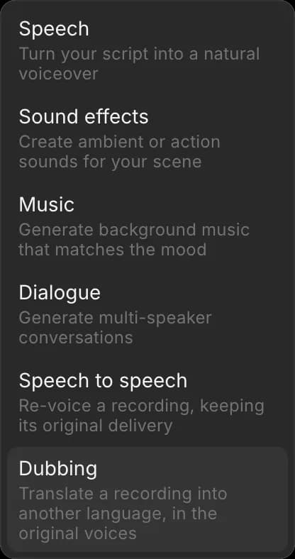 The prompt bar's Audio menu, with Dubbing at the bottom of the list