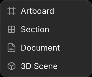 The Canvas '+' menu with Artboard, Section, Document and 3D Scene