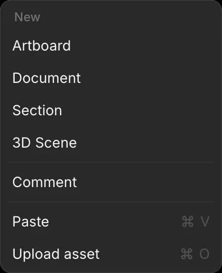 The right-click menu on an empty spot of the Canvas, with Artboard, Document, Section and 3D Scene under New