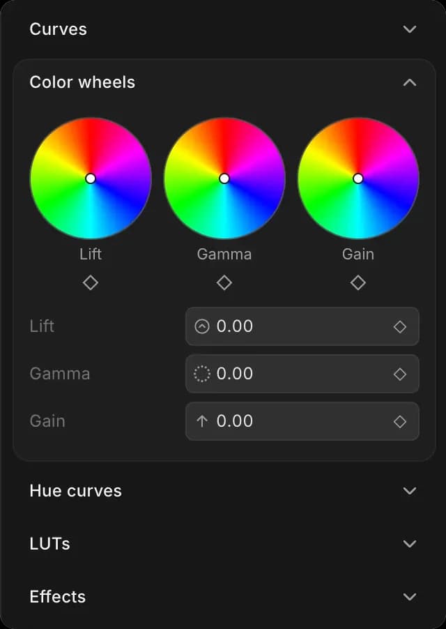 The advanced sections of the 'Adjust' tab, with 'Color wheels' open showing the Lift, Gamma and Gain wheels