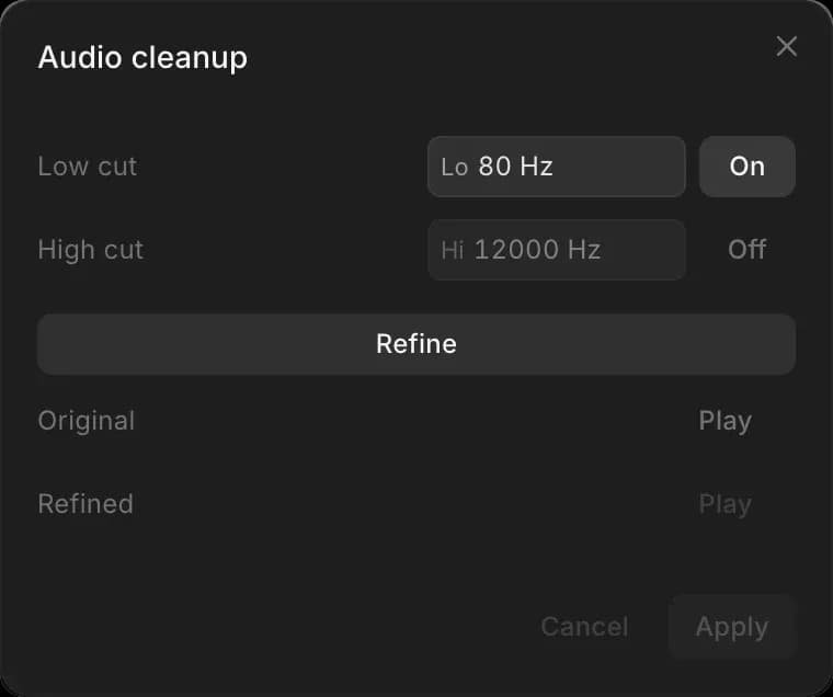The 'Audio cleanup' window with Low cut, High cut, Refine, and Play buttons for Original and Refined