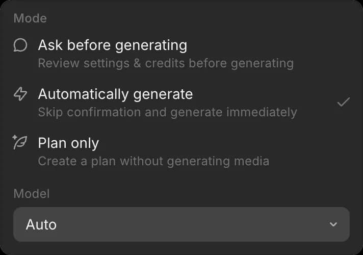 The mode and model menu: Ask before generating, Automatically generate, Plan only, and a Model picker