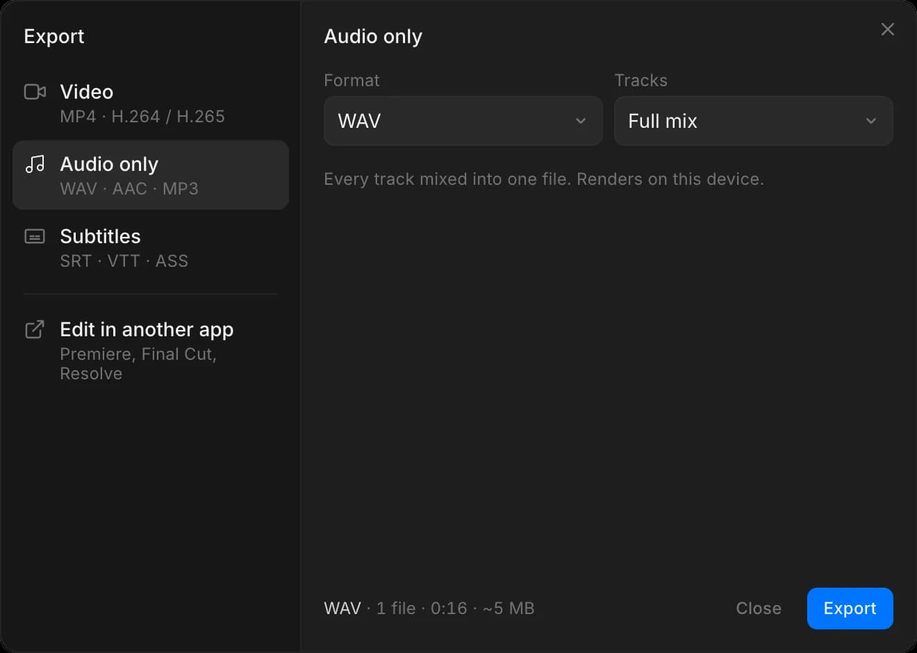 The Export dialog on 'Audio only', with Format set to WAV and Tracks set to Full mix