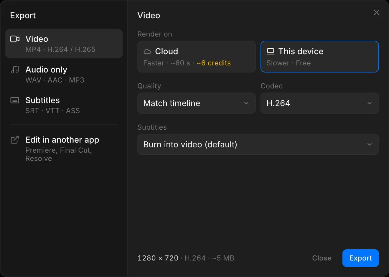 The Export dialog on 'Video', with Render on set to This device, Quality, Codec and Subtitles, and the size and codec at the bottom