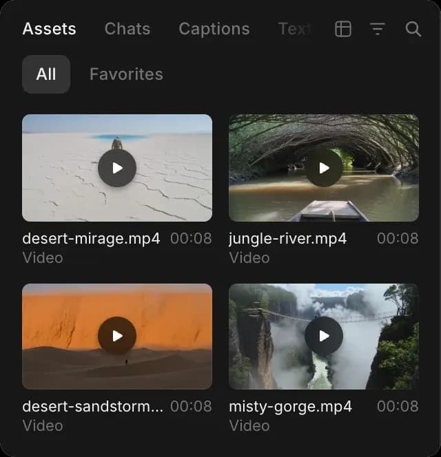 The media browser in Compose, open on the Assets tab with four video clips