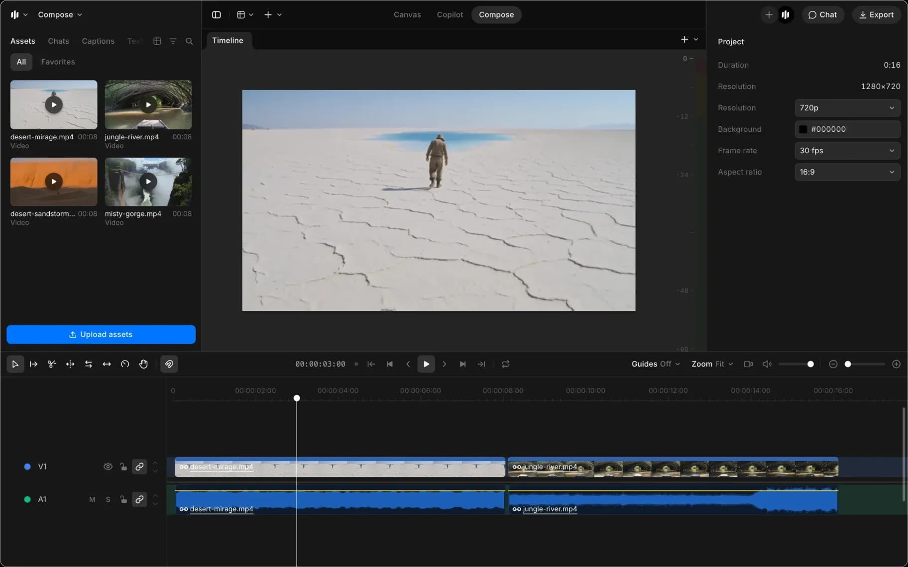 Compose on Morphic: the media browser on the left, the preview in the middle, settings on the right and the timeline along the bottom