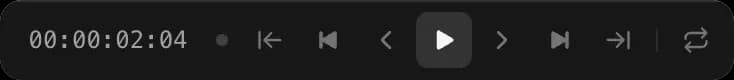 The playback controls: timecode, go to start, previous edit point, previous frame, play, next frame, next edit point, go to end and loop playback
