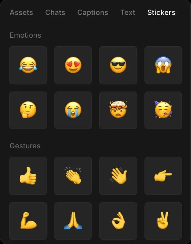 The Stickers tab with emoji grouped under Emotions and Gestures