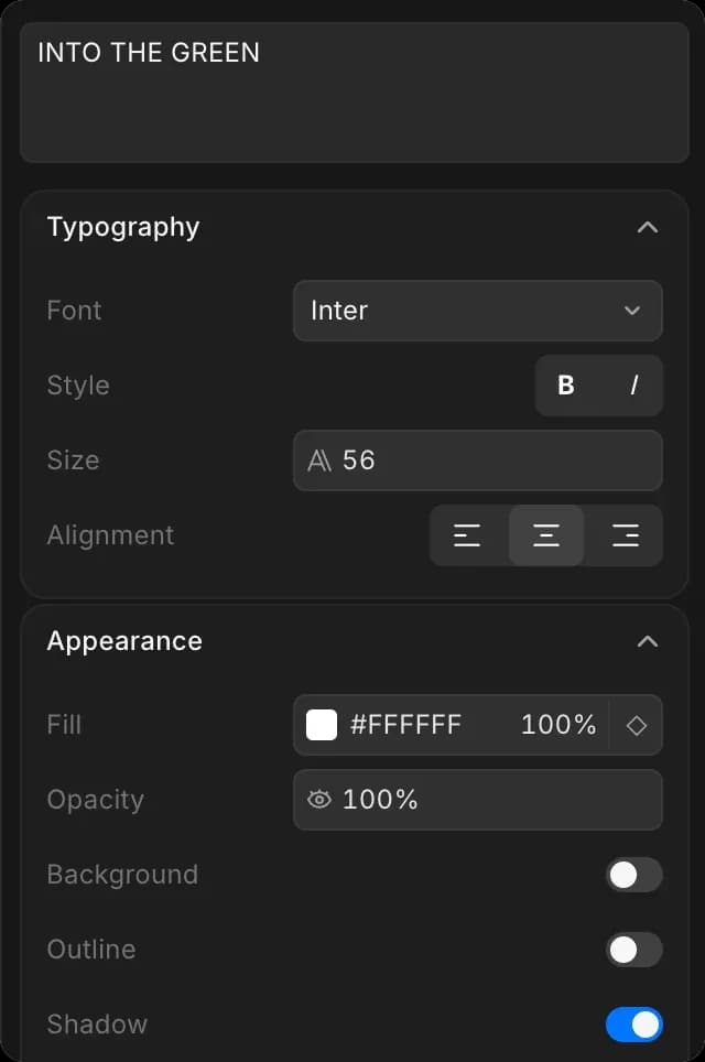 Text settings: the wording box, then Typography (font, style, size, alignment) and Appearance (fill, opacity, background, outline, shadow)